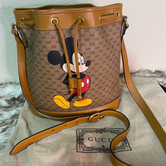 GUCCI GG Disney X Mickey Mouse Bucket Leather Tan Brown Italy Bag Mini Logo - Picture 2 of 8